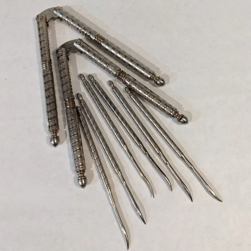 Vintage HMQ Nutcracker and Pick Set 8‎ Piece Silver Tone Textured Metal Tools